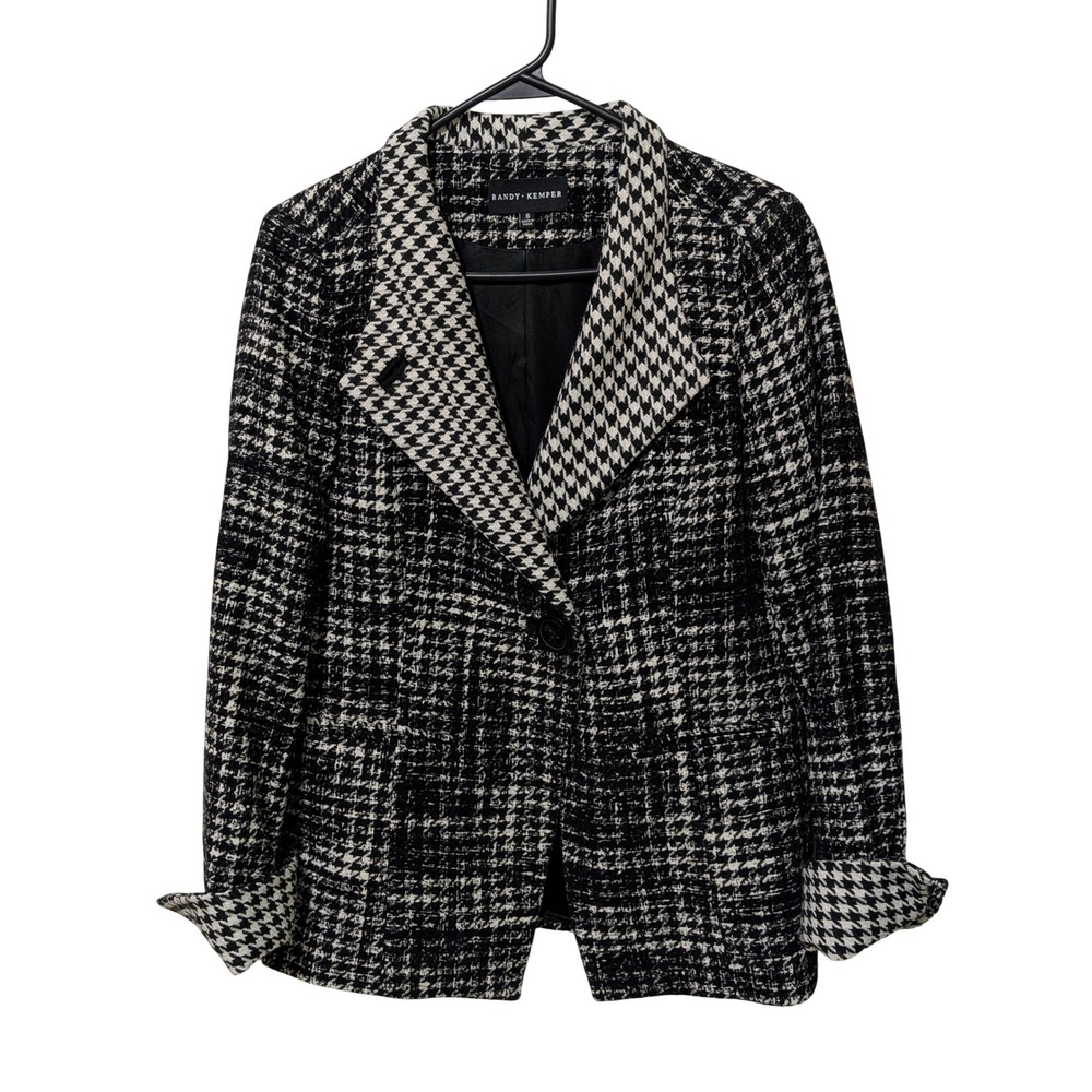Vtg 90s Randy Kemper Black White Tweed Houndstooth Wool Blend Blazer Jacket Sz 8